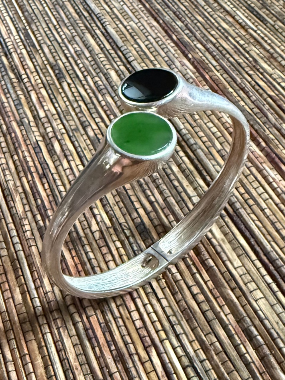 Modernist Sterling Bracelet Clamper Silver Jade Onyx Mid Century Modern MCM